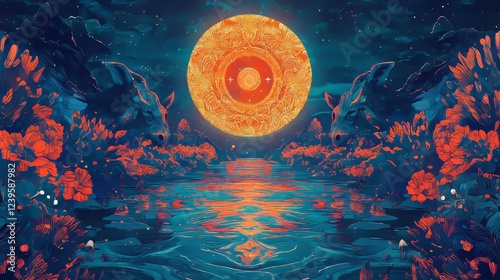 Lunar tarot card with folklore motifs, a flowing river, animal spirits, glowing moon, vibrant Tetradic tones, surreal design feel