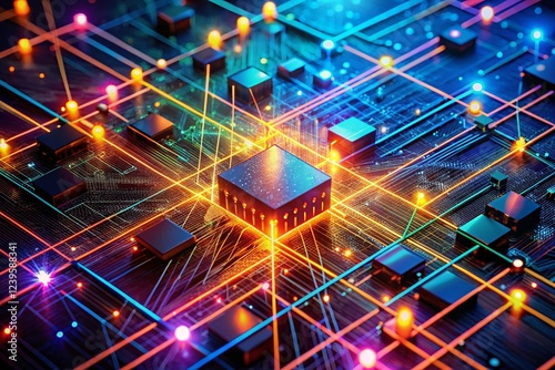 Abstract Multicore Processor: Network of glowing nodes, interconnected pathways, digital technology concept. photo