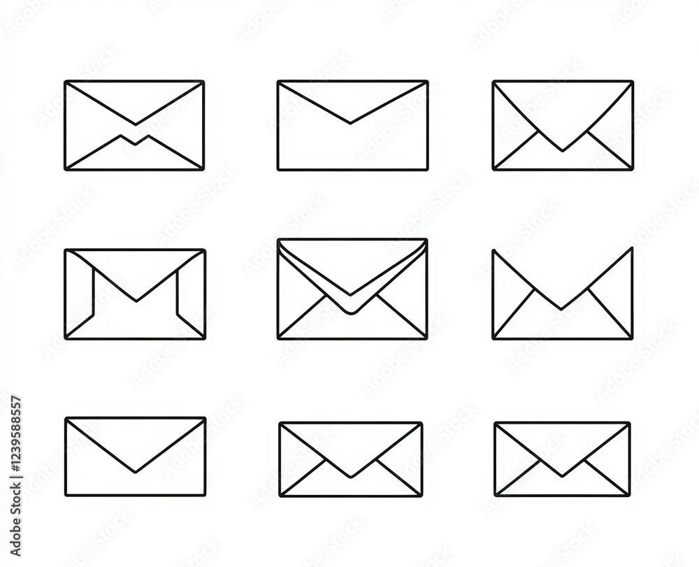 Collection of line icons for Mail messages, encompassing Newsletter, E-mail, and Correspondence. Features symbols for Received mail, Secure message, and Web letter. Also includes Post office, Send Collection of line icons for Mail messages, encompassing Newsletter, E-mail, and Correspondence. Features symbols for Received mail, Secure message, and Web letter. Also includes Post office, Send