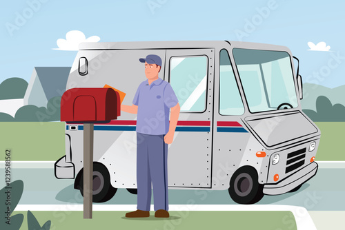 Mailman Delivering Mails in a Mailbox Vector Illustration