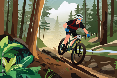Mountain Biker Riding a Bike in the Forest Trail Vector Illustration