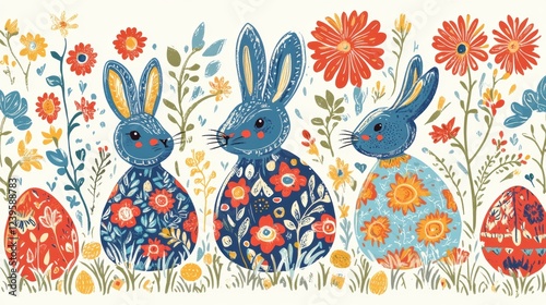 Three whimsical rabbits adorned with intricate floral patterns gather amidst a backdrop of bright flowers and decorated eggs, celebrating the joy of Easter