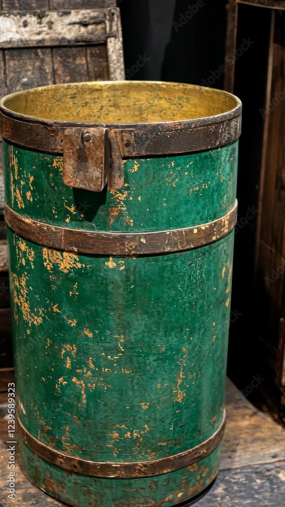 Rustic green barrel with worn paint in a vintage setting showcasing craftsmanship and history Rustic green barrel with worn paint in a vintage setting showcasing craftsmanship and history