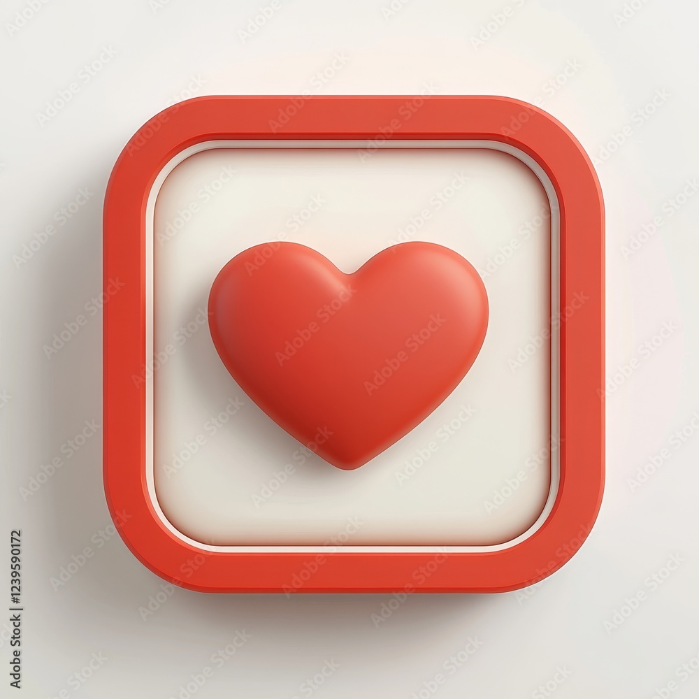 On a transparent background, a 3D white heart is showcased inside a red square message bubble box On a transparent background, a 3D white heart is showcased inside a red square message bubble box