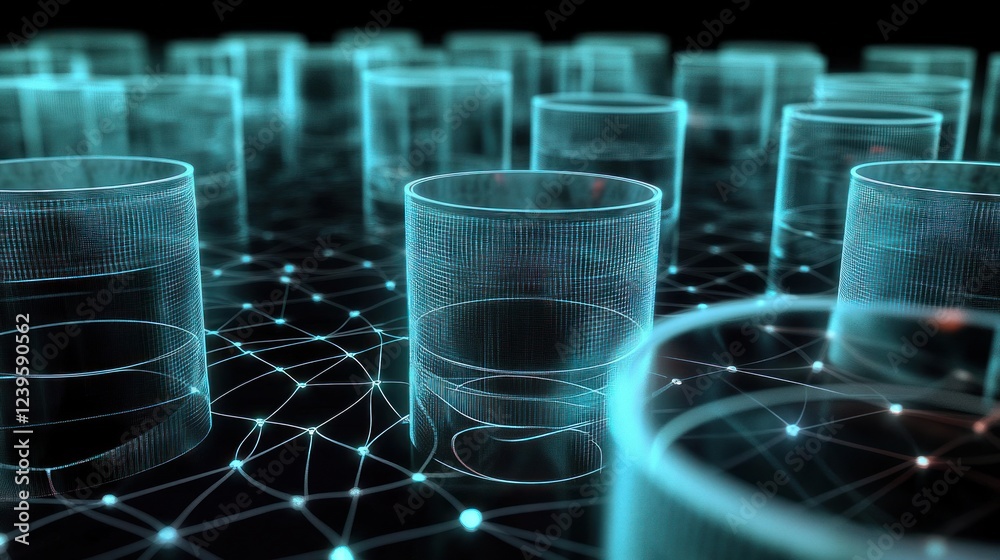 Abstract futuristic network data representation with interconnected glowing cylinders Abstract futuristic network data representation with interconnected glowing cylinders