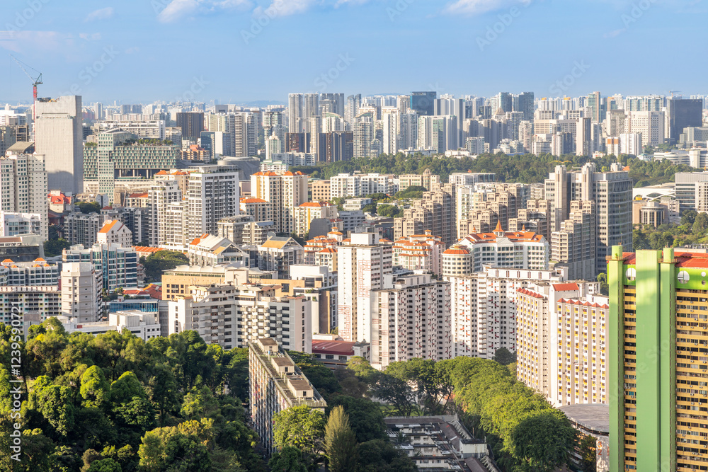 Fototapeta premium Modern developing residential district with tall skyscrapers and green park in the foreground, Singapore
