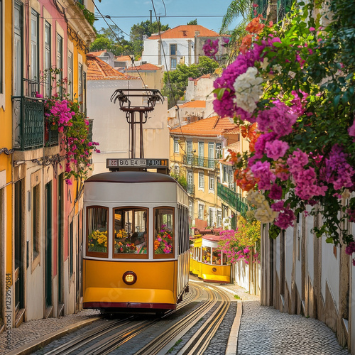 Lisbon, Portugal - Yellow tram on a street with colorful houses and flowers on the balconies - Bica Elevator going down the hill of Chiado photo