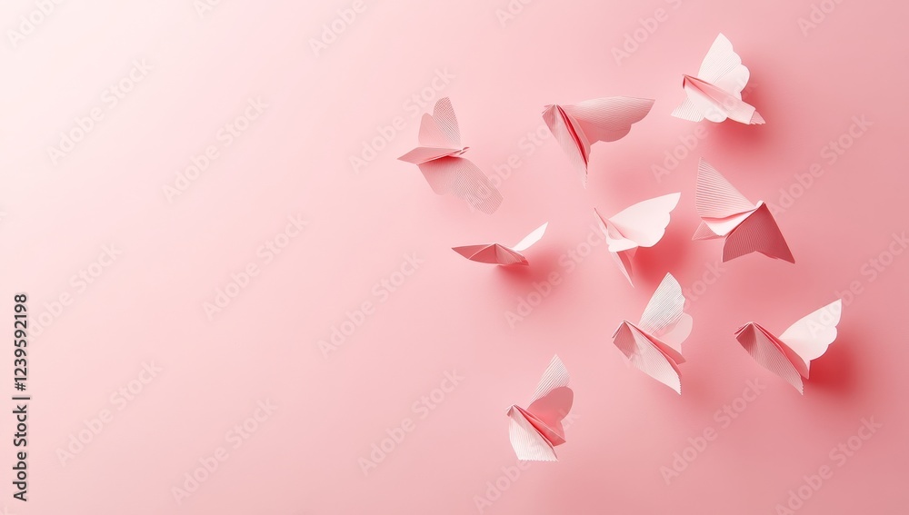 In a flat lay, a love letter envelope is adorned with paper craft hearts on a pink Valentine's or anniversary background, with open space available for text In a flat lay, a love letter envelope is adorned with paper craft hearts on a pink Valentine's or anniversary background, with open space available for text