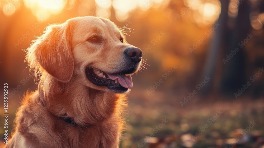 Golden retriever enjoying a sunny autumn afternoon in a serene park setting with blurred natural background. Generative AI Golden retriever enjoying a sunny autumn afternoon in a serene park setting with blurred natural background. Generative AI