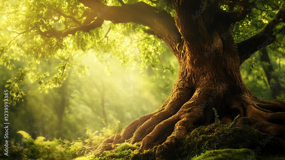 A majestic tree stands tall in a lush green forest, bathed in soft sunlight. Its gnarled roots intertwine with the earth, emphasizing nature's beauty and tranquility. A majestic tree stands tall in a lush green forest, bathed in soft sunlight. Its gnarled roots intertwine with the earth, emphasizing nature's beauty and tranquility.