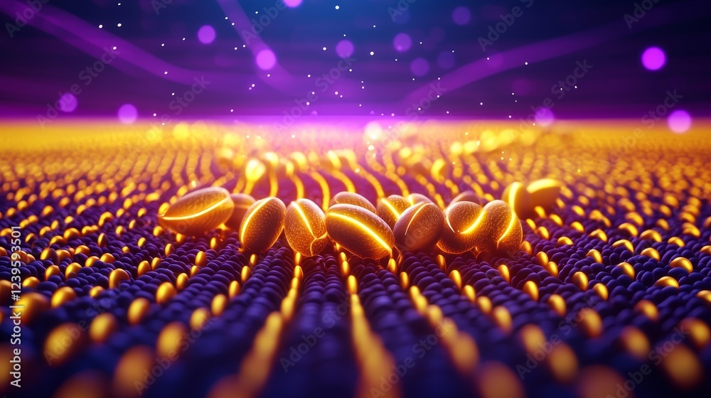 Obraz premium Futuristic holographic display showcasing freshly harvested soybeans with golden pods glowing, set against a neon farm field background, digital art, holographic