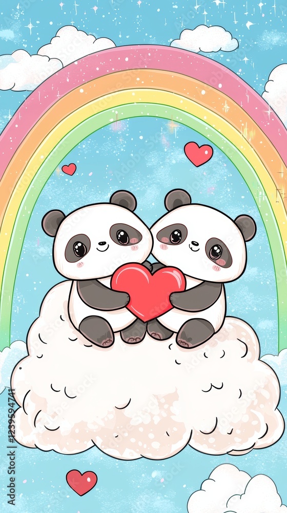 Obraz premium Cute kawaii-style pandas holding a red heart, sitting on a soft fluffy cloud, with a rainbow arching in the background