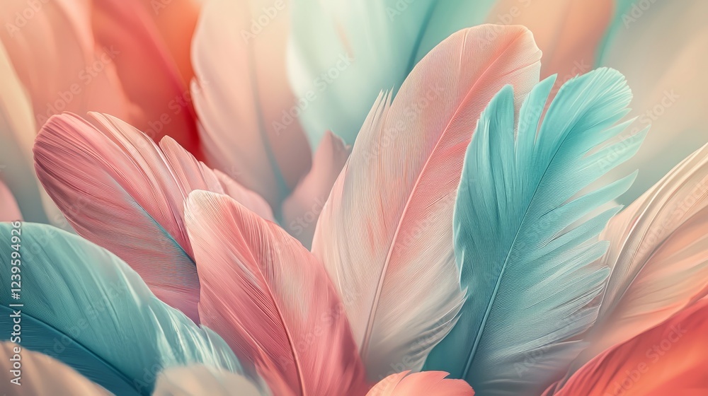 custom made wallpaper toronto digitalDetailed arrangement of vibrant feathers, soft gradients of pink, teal, and beige, modern illustration style, smooth transitions, light abstract backdrop