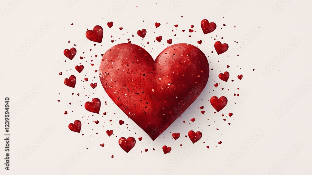 Detailed red watercolor hearts with brushstroke textures on a minimalistic light beige background, evoking warmth and creativity Detailed red watercolor hearts with brushstroke textures on a minimalistic light beige background, evoking warmth and creativity
