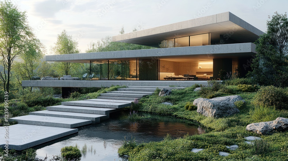 Modern hillside house, tranquil garden, sunset Modern hillside house, tranquil garden, sunset