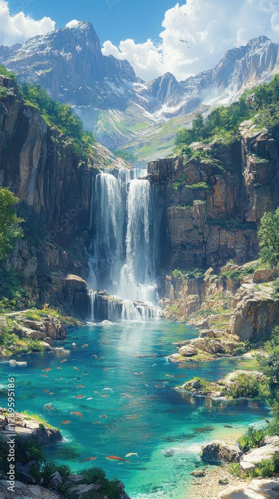 Majestic mountain waterfall, serene pool, sunny day, travel poster Majestic mountain waterfall, serene pool, sunny day, travel poster