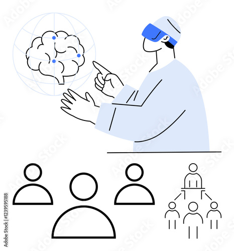 Figure wearing VR headset pointing at digital brain with connection lines. Below, icons show a team and hierarchical structure. Ideal for future tech, AI, VR learning, training, teamwork