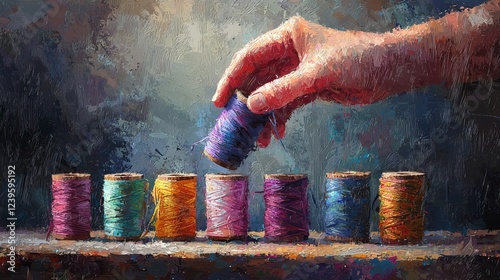 Digital painting of a focused hand manipulating a multihued thread spool, other spools neatly aligned on a rustic table, radiant morning light, impressionistic photo