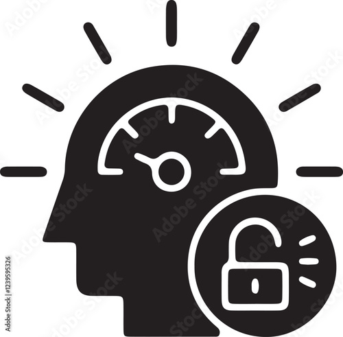 An illustration of a glowing head with a speedometer inside and an open padlock