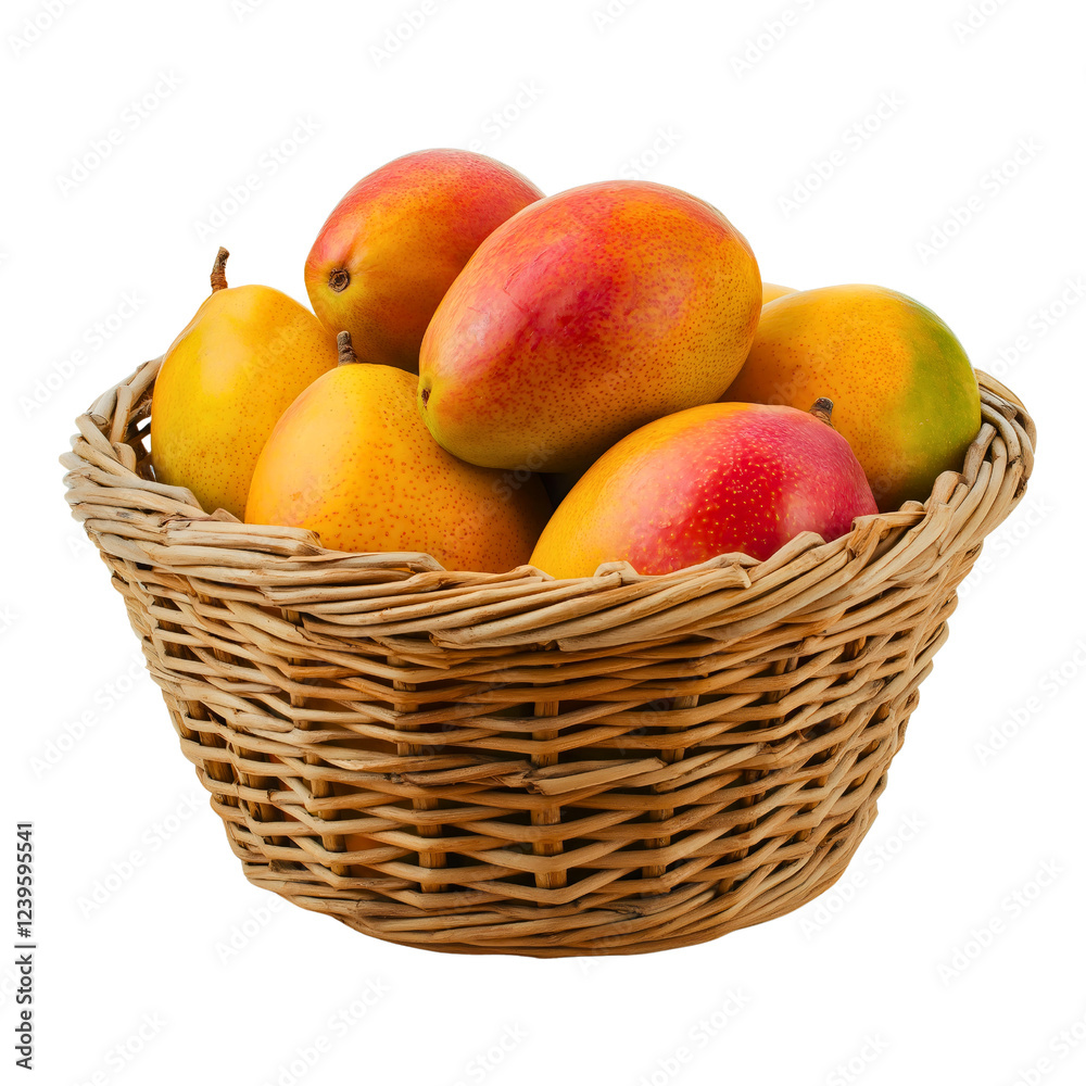 Fresh Organic Mangoes on a White Background with Green Leaves for Healthy Summer Nutrition isolated Fresh Organic Mangoes on a White Background with Green Leaves for Healthy Summer Nutrition isolated