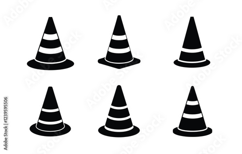 Set of six simple, black and white traffic cone icons on a white background.