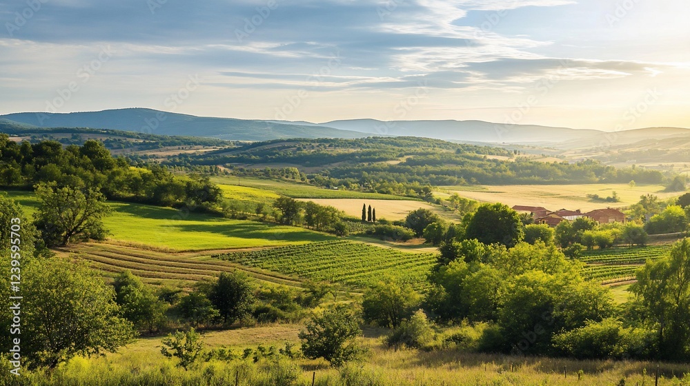Fototapeta premium Rolling hills and vineyards at sunrise create a stunning landscape view
