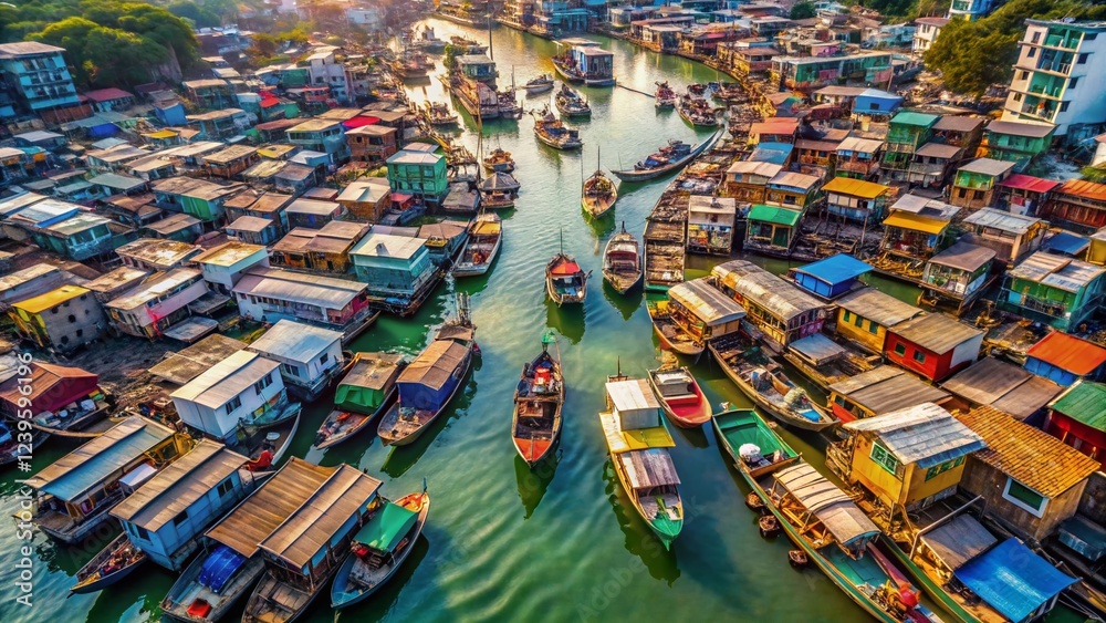 Fototapeta premium Aerial View of Historic Hong Kong Floating Village, Traditional Junks, Houses on Water, Drone Shot