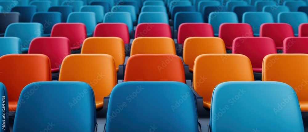 Obraz premium Colorful Rows of Modern Chairs in a Bright and Vibrant Setting for Event Spaces or Waiting Areas