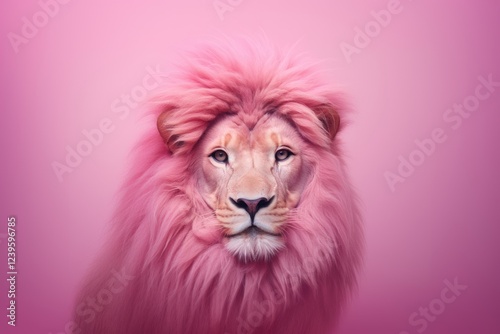 Majestic pink lion portrait on rosy background. Unique animal art concept for fashion, beauty, and creativity. Surreal wildlife image for social media, marketing campaigns, and girl power themes. photo