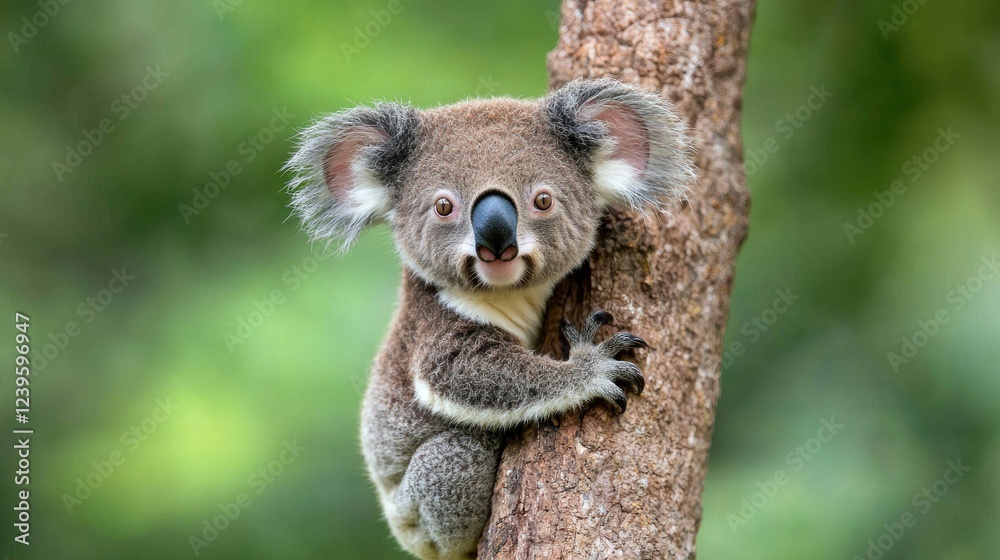 Obraz premium Cute koala joey on eucalyptus tree, Australian rainforest