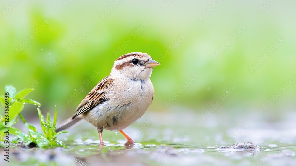Sparrow wading in puddle, green background, spring rain Sparrow wading in puddle, green background, spring rain
