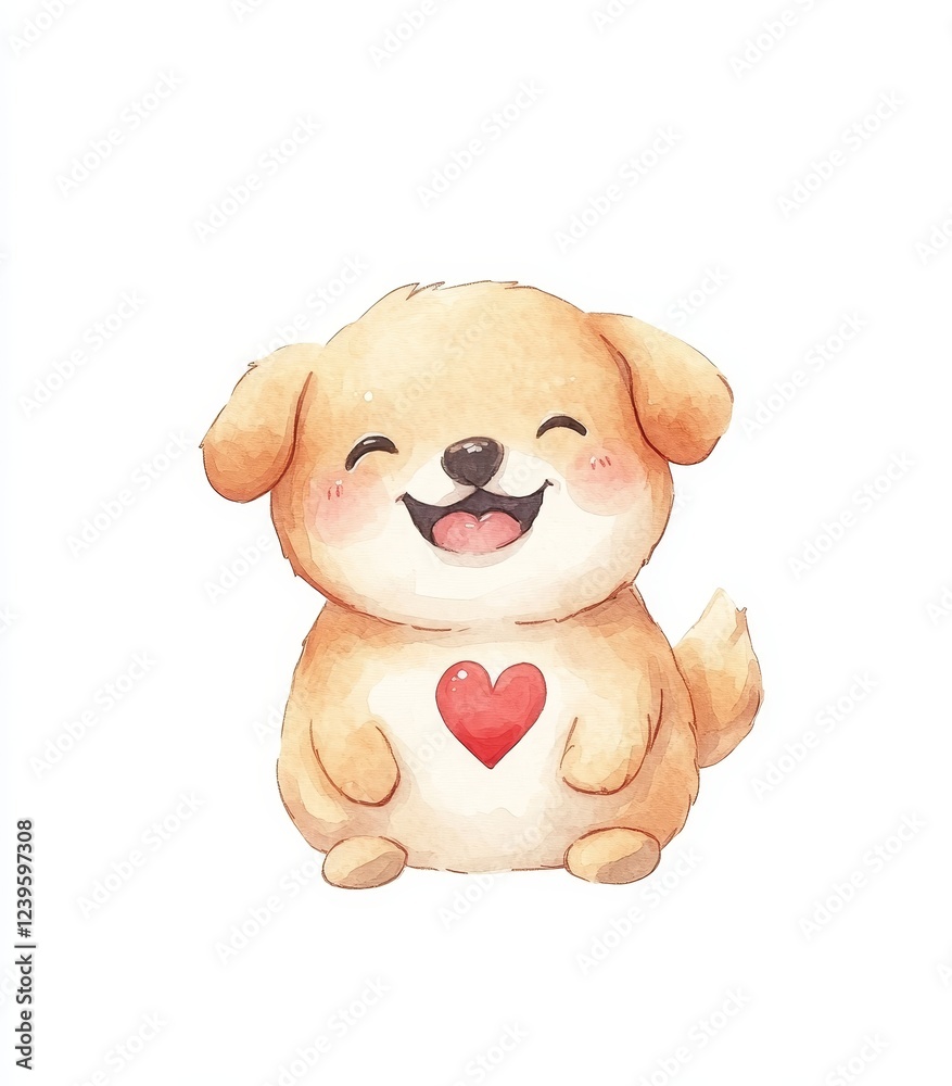 Fototapeta premium Adorable watercolour illustration of a little dog holding a large speech balloon with a heart inside. This hand-painted, sketchy artwork makes a great clipart for design projects, greeting cards, and