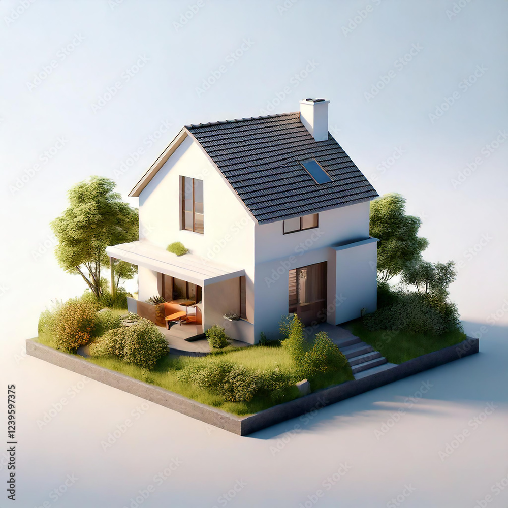 minimalist house in 3d, on white background minimalist house in 3d, on white background