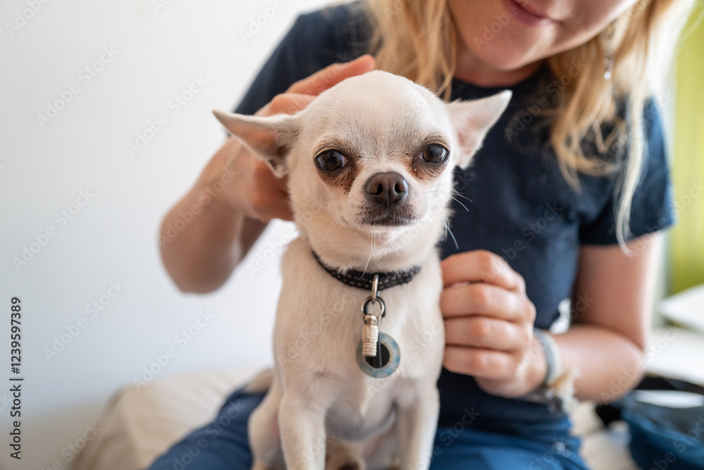Adorable white Chihuahua gently cradled in a young woman's hands, a heartwarming pet portrait. Adorable white Chihuahua gently cradled in a young woman's hands, a heartwarming pet portrait.