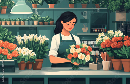 Charming Florist Arranging a Beautiful Bouquet in a Cozy Flower Shop photo