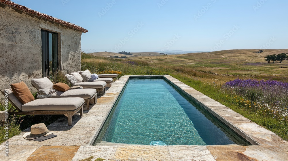 Fototapeta premium Rustic poolside relaxation, Tuscan landscape view