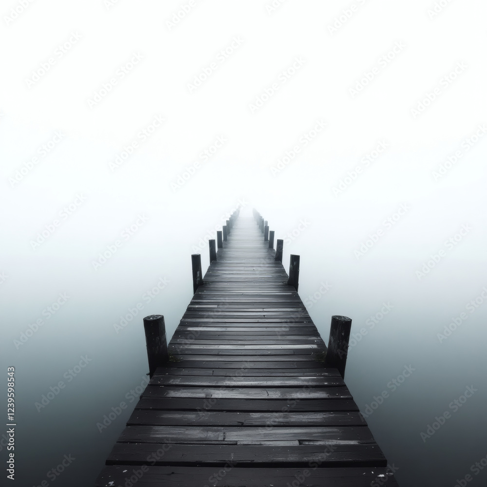 Fototapeta premium A tranquil pier stretches into misty, still waters, creating a serene and peaceful atmosphere perfect for relaxation.