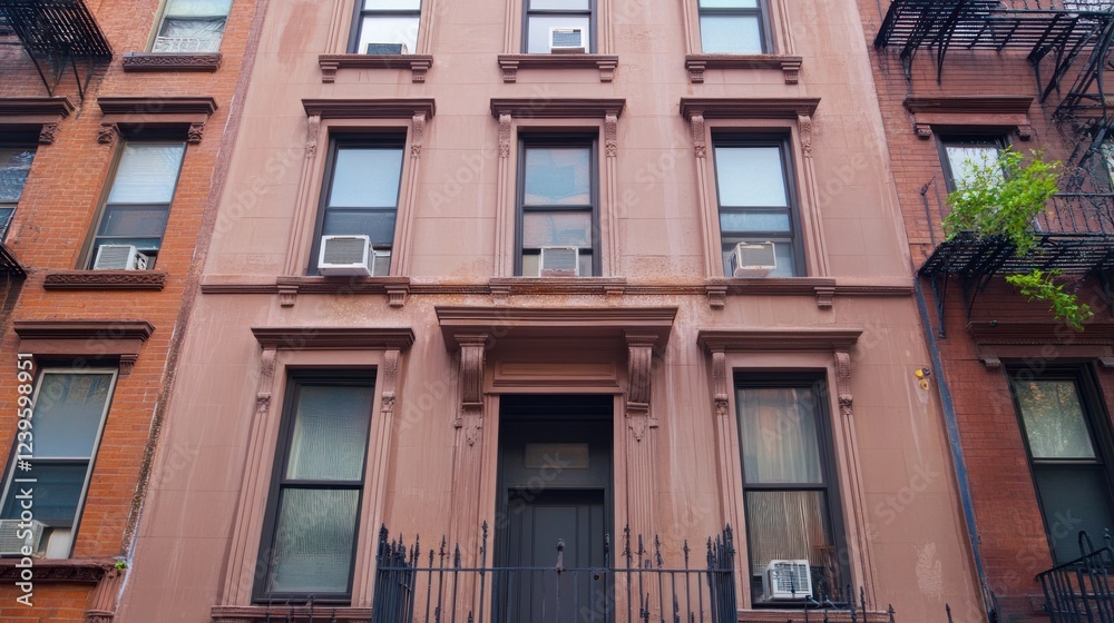 Brownstone facade with detailed window frames and air conditioning units Brownstone facade with detailed window frames and air conditioning units