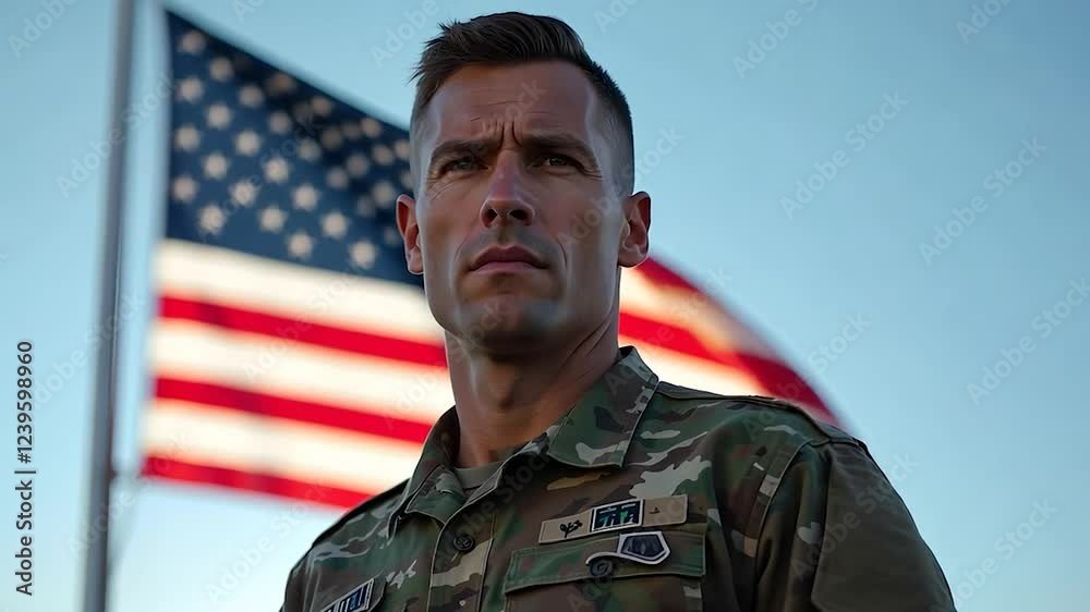 Soldier in uniform standing in front of an American flag against a blue sky Soldier in uniform standing in front of an American flag against a blue sky