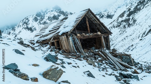 A wooden cabin crushed by an avalanche, with debris and snow scattered across a wintry mountain slope