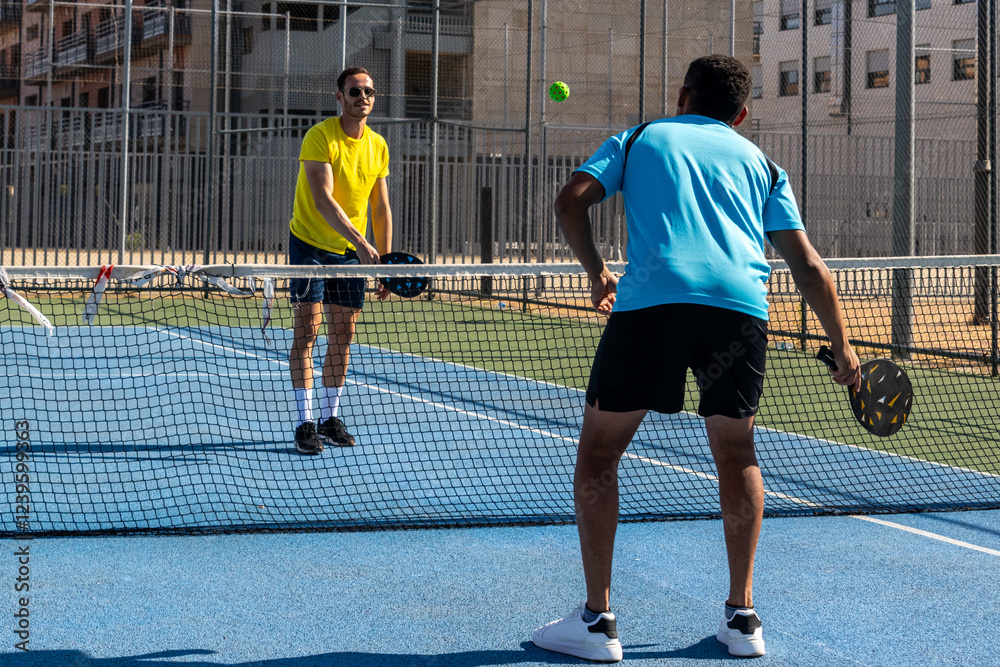 Obraz premium Two male athletes playing pickleball on a sunny day