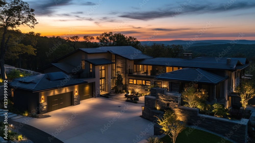 Modern luxury home at twilight with dramatic sunset and mountain views Modern luxury home at twilight with dramatic sunset and mountain views