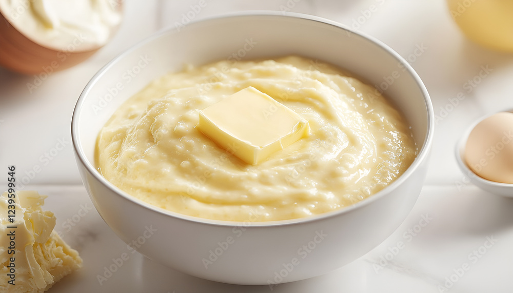 Tasty wheat porridge with butter in bowl on white tiled table, closeup. Space for text Tasty wheat porridge with butter in bowl on white tiled table, closeup. Space for text