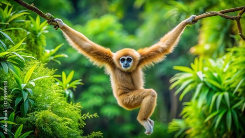 Agile Gibbon Monkey in Lush Rainforest - Stock Photo photo