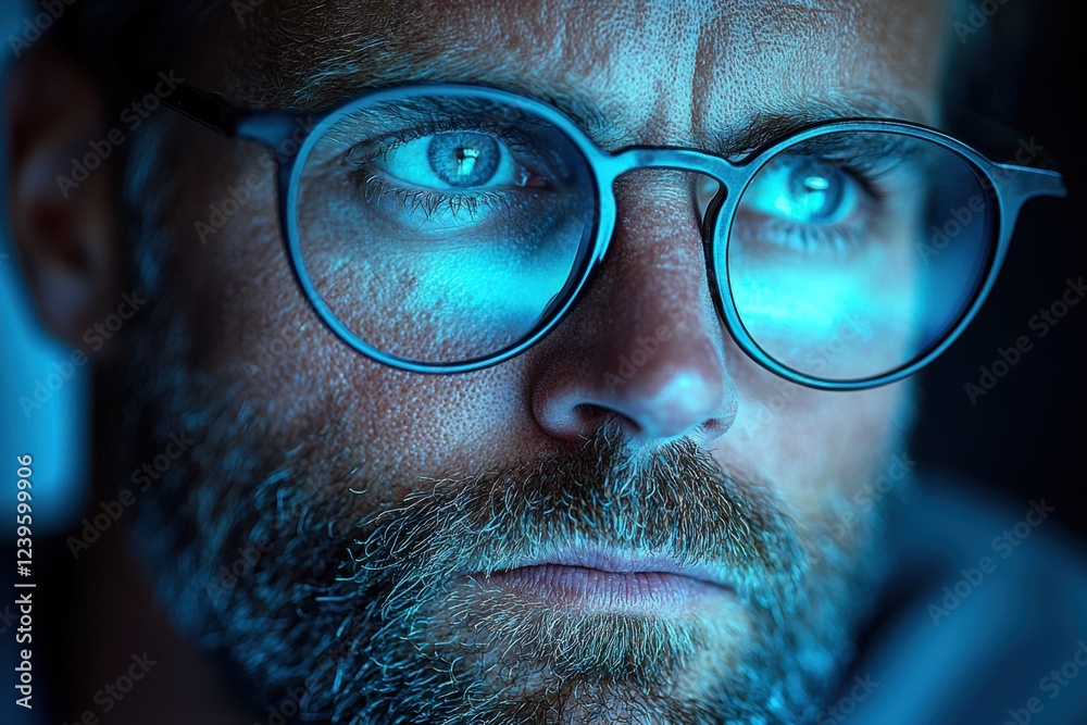 Man with glasses gazes intently at glowing screen in dimly lit room during late night hours