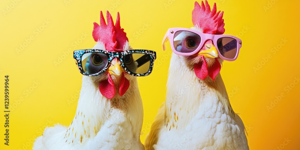 Fototapeta premium Two roosters in sun glasses on a yellow background