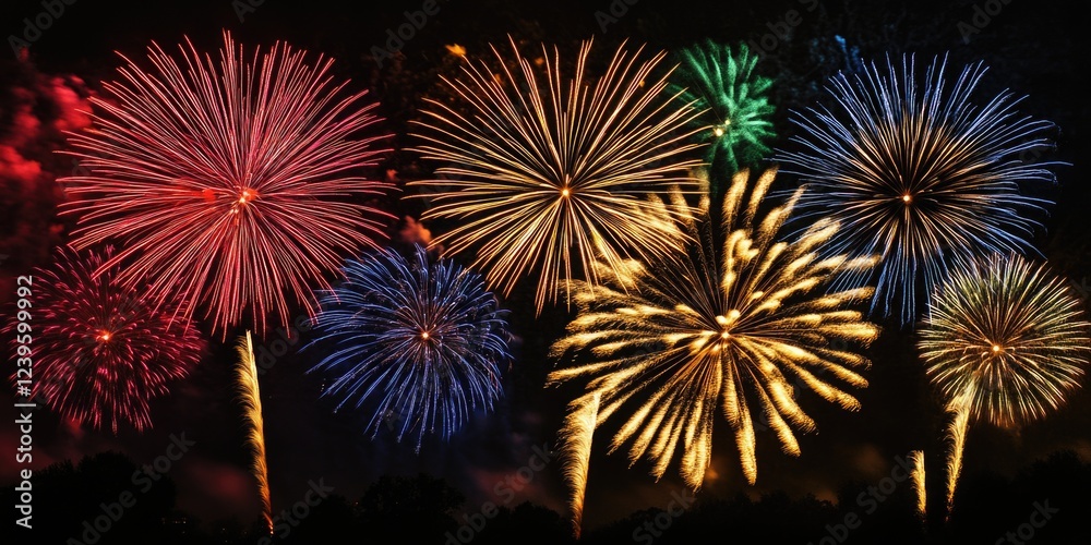 Fototapeta premium A burst of colorful fireworks against the night sky. A festive and celebratory image.