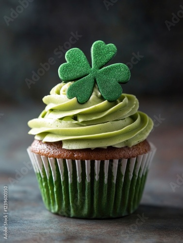 Wallpaper Mural Green and white cupcake with frosting and a four-leaf clover on top, set against dark background. Torontodigital.ca