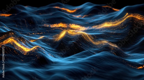 Abstract blue waves with golden glow creating dynamic and futuristic art