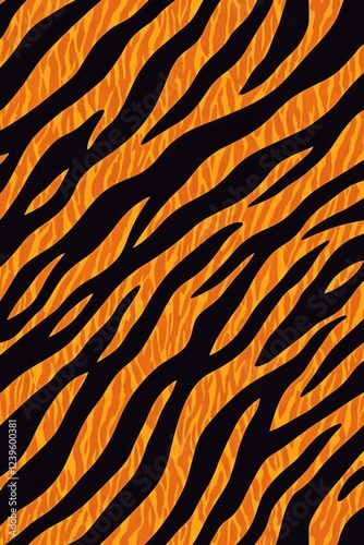 Zoo animal print with bold orange stripes on black background.